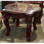 Renaissance style mahogany occasional table, having a plate glass top, above the floral decorated