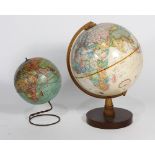 (lot of 2) Table top globes on stand, one a Weber Costello Co. Terrestrial 6" dia. globe; the