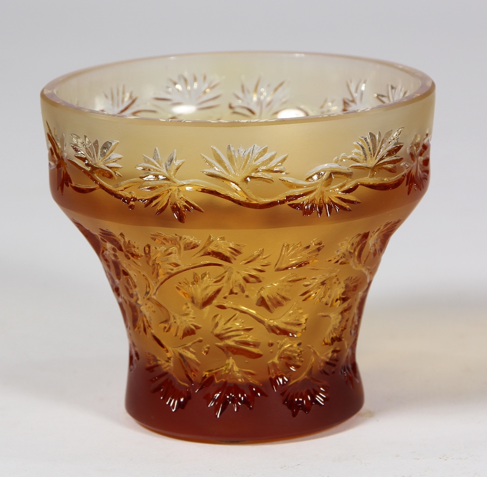 Lalique 'Coriander' bowl, the banded rim tapering to the base, with a frosted amber color ground,