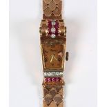 Lady's Retro, ruby, diamond and 14k rose gold wristwatch
 Dial: copper, colored, tapered