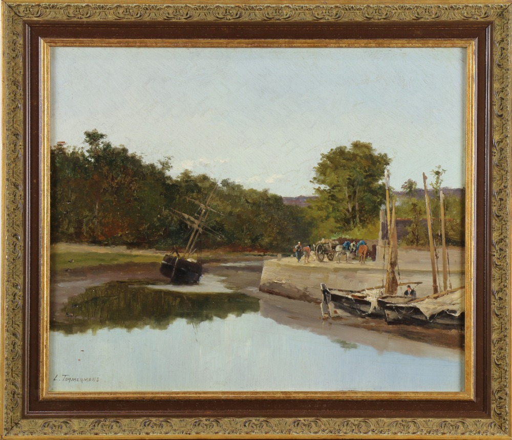 Louis Etienne Timmermans (Belgian, 1846-1910), "Les Environs de Paris," oil on panel, signed lower - Image 2 of 4