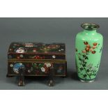 (lot of 2) Japanese cloisonne box, rectangular form on six supports, slightly concave lid and