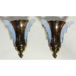 Pair of French Art Deco sconces, the urn-form patinated brass wall mount having icicle form