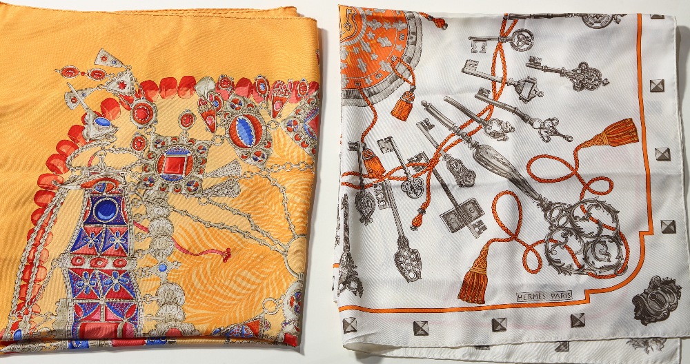 (Lot of 2) Hermes silk scares including "Les Cles", originally issued in 1965, designed by Caty