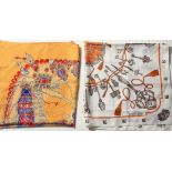 (Lot of 2) Hermes silk scares including "Les Cles", originally issued in 1965, designed by Caty