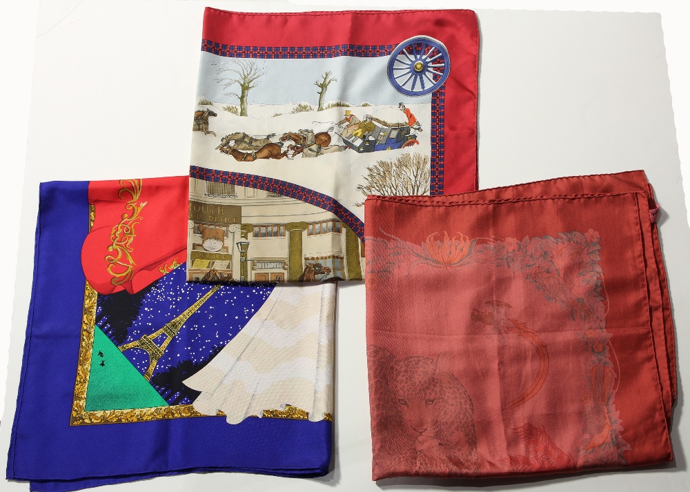(Lot of 3) Hermes silk scarves, including "Jungle Love", originally issued 2000, designed by