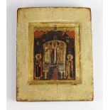 Russian icon 19th century, having a polychrome decorated border flanking the partial gilt scenic