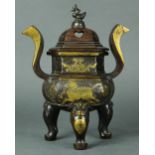 Chinese gilt bronze tripod censer, one side of the body featuring a gilt horse and the other with