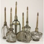 (lot of 6) Continental glass and brass scent bottles, each mounted with metal fittings and chains,