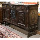 Spanish Revival sideboard, having a rectangular top, above three drawers with hammered pulls, and