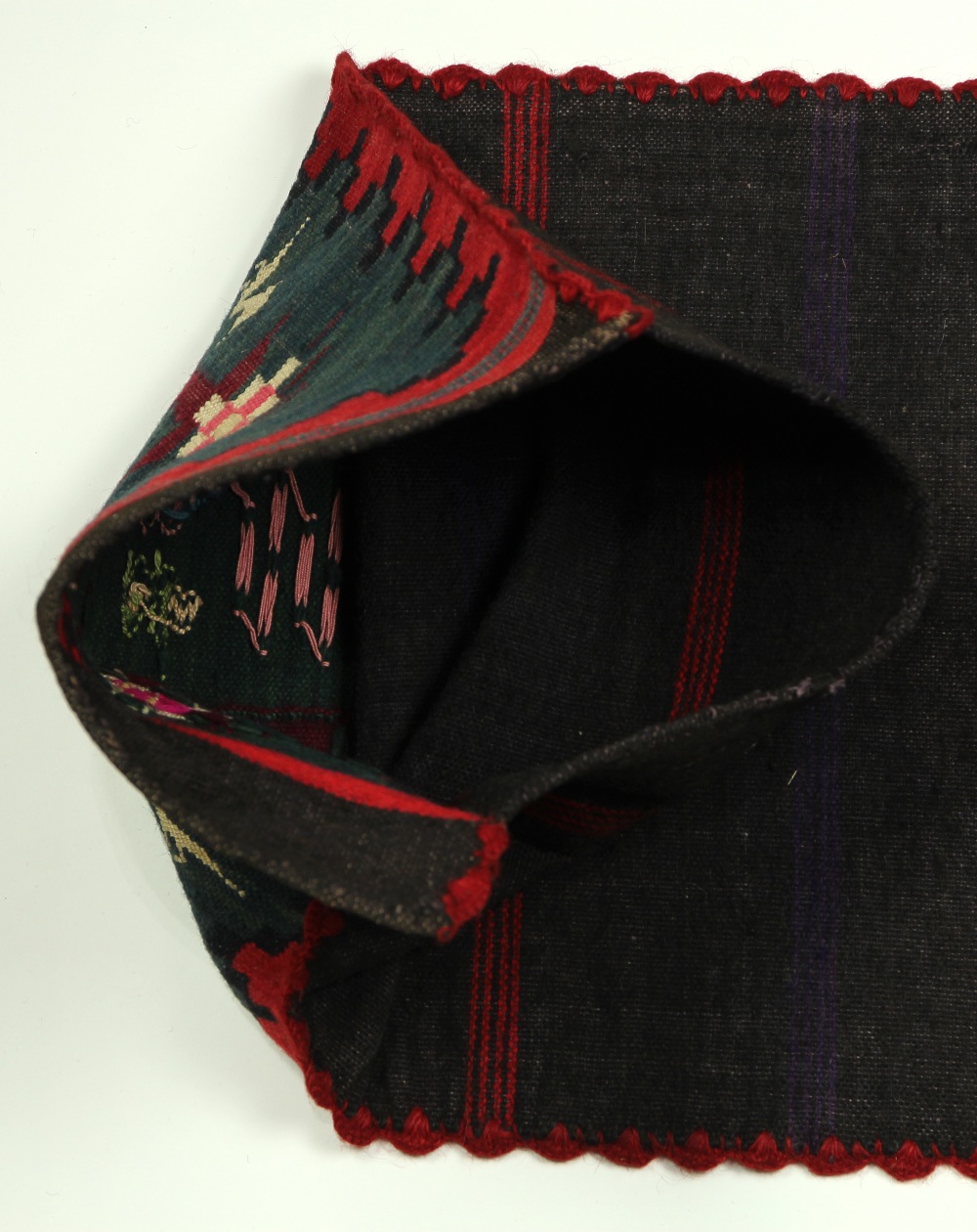 Southwest wool long bag, having gewometric and figural reserves, the selvedge in crimson, 37" x 16" - Image 3 of 3