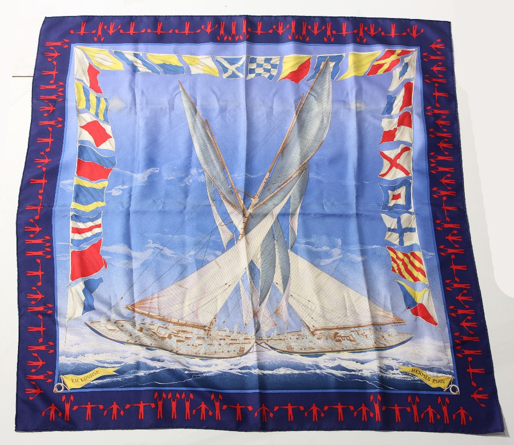 (lot of 2) Hermes silk scarves consisting of En Course designed by Yannick Manier, French, modern, - Image 2 of 3