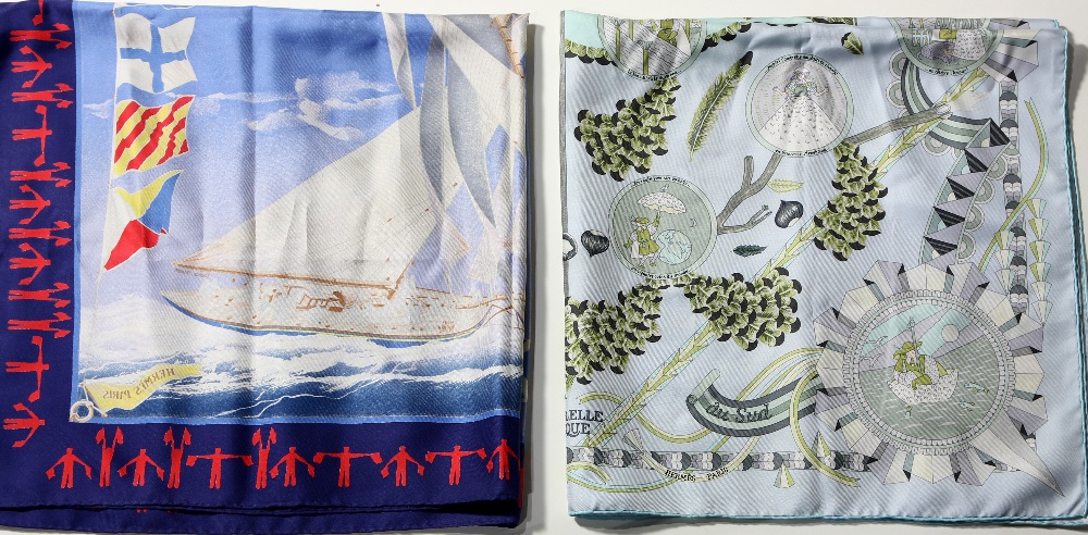 (lot of 2) Hermes silk scarves consisting of En Course designed by Yannick Manier, French, modern,