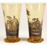 (Lot of 2) Bohemian hand blown and painted amber beakers, 2nd half of the 19th century, each