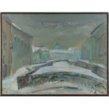 Winter Cityscape with Bridge, 1990, oil on canvas, signed in Cyrillic 'Amchislavichky' and dated