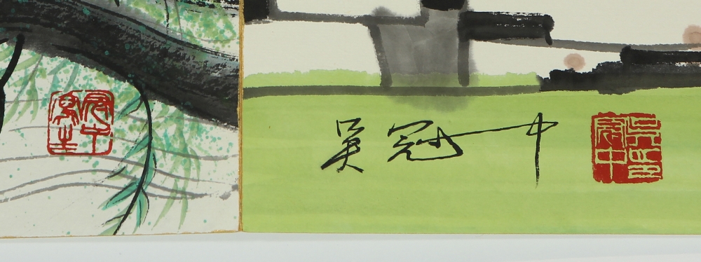 Manner of Wu Guanzhong (Chinese, 1910-2010), Landscape, album with seven double pages, ink and color - Image 6 of 7