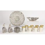 (lot of 13) Japanese .950 silver consisting of a floral filigree plate and associated covered box, a