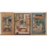 (Lot of 6) Indian miniature paintings, ink and color on paper, including various court scenes and