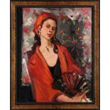 American School (20th century), Woman in Red, oil on board, unsigned, overall (with frame): 22.5"h x