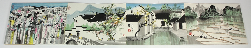 Manner of Wu Guanzhong (Chinese, 1910-2010), Landscape, album with seven double pages, ink and color - Image 4 of 7