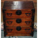 Japanese small tansu, kodansu, reddish brown lacquered with three drawers and iron fittings, 23"h