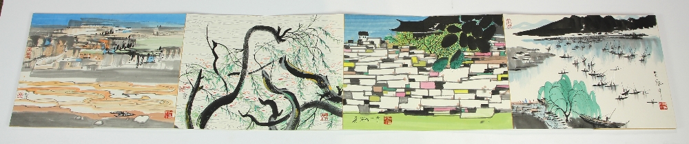 Manner of Wu Guanzhong (Chinese, 1910-2010), Landscape, album with seven double pages, ink and color - Image 5 of 7