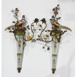 Pair of continental style porcelain and gilt bronze mounted wall sconces, each having porcelain