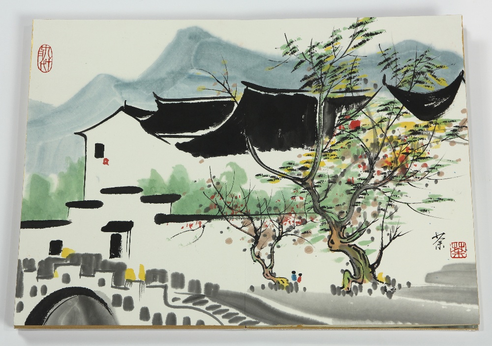 Manner of Wu Guanzhong (Chinese, 1910-2010), Landscape, album with seven double pages, ink and color - Image 3 of 7