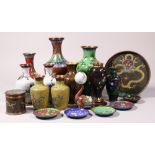 (lot of 18) Two shelves of Chinese cloisonne items, including ten vases of different sizes, a dragon