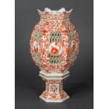 Chinese two-section porcelain lamp, the shade of hexagonal sections decorated with red enameled bats
