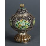 Japanese silver and enamel lidded censer, finial in the shape of chrysanthemum bud, filigree work on