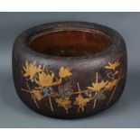 Japanese domaru wooden hibachi, Meiji period, copper fitting, body decorated with sparrows,