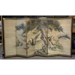 Japanese six-panel byobu screen, late Edo/Meiji period, ink and color on paper, depicting peonies to