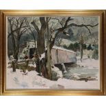 Warren Baumgartner (American, 1894-1963), Snow Covered Bridge with Figure, oil on board, signed