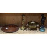 (Lot of 4) Brass table articles, including a candlestick and a footed centerbowl; together with a