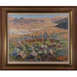 Village in the Desert, oil on masonite, unsigned, 20th century, overall (with frame): 21"h x 25.5"w