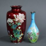 (lot of 2) Japanese cloisonne vases: one red ginbari with white/pink chrysanthemums, short neck on