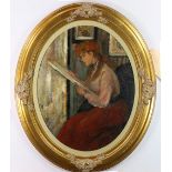 European School (19th century), Girl Reading, oil on board, signed indistinctly "F. Caid" center