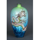 Japanese cloisonne vase, Meiji period, with a dragon on light green sky and blue ginbari waves on