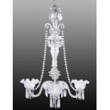 Baccarat three arm crystal chandelier, the baluster standard with crystal swags cascading to the