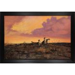 Pride of Lions at Sunset, oil on board, signed "Jim Gooch" lower right, 20th century, overall (