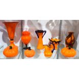 (Lot of 9) Czech art glass group, consisting of lidded dishes and vases, each in orange glass with