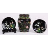 (lot of 5) Group of Japanese cloisonne; consisting of two black dishes decorated with flowers; one