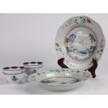 (lot of 6) Group of Chinese export porcelain, consisting of four cups, each with blue enameled