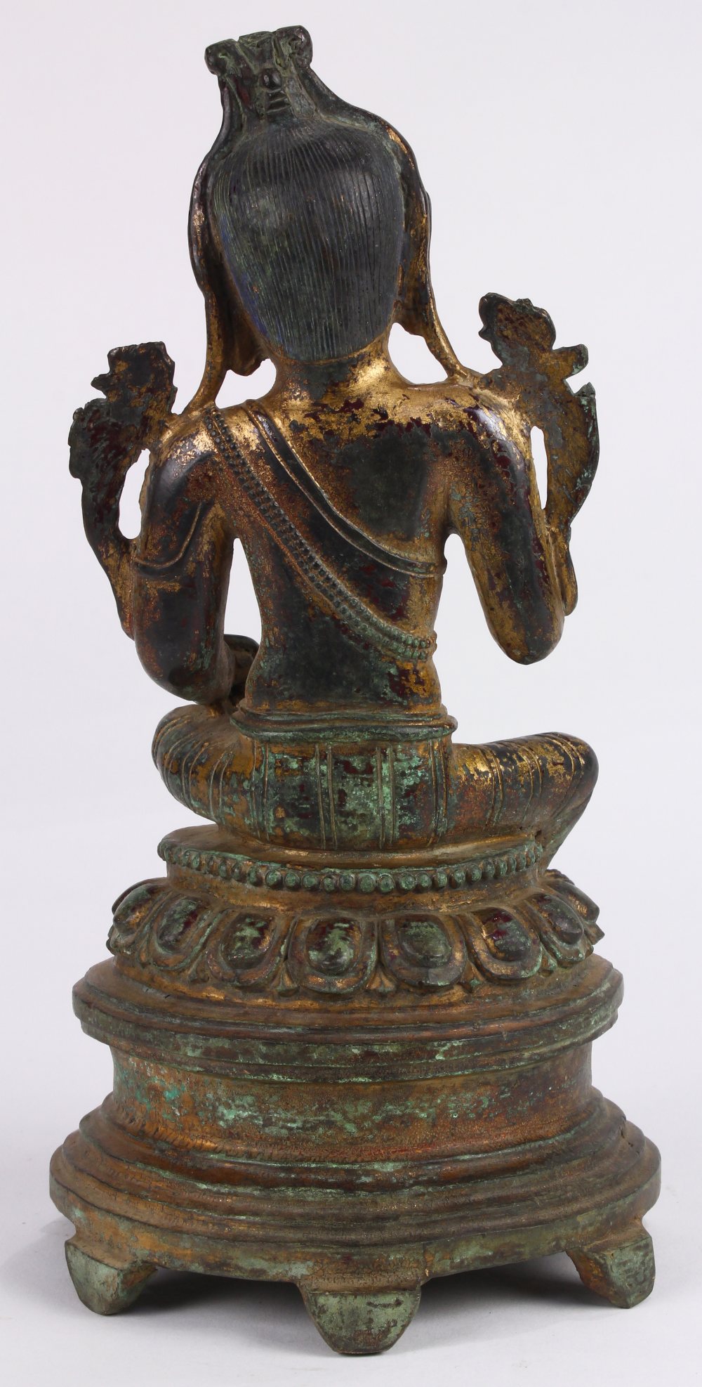 Chinese gilt bronze bodhisattva, seated in royal ease on a lotus pedestal, holding two lotus sprigs, - Image 3 of 4