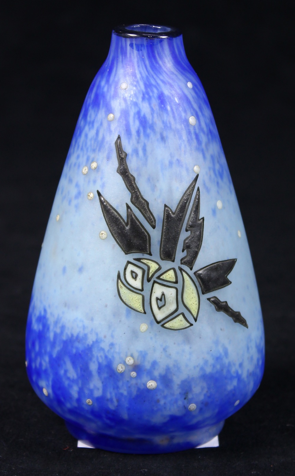 Andre Delatte, Nancy, France, enamel decorated art glass vase, having floral designs on a blue