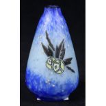 Andre Delatte, Nancy, France, enamel decorated art glass vase, having floral designs on a blue