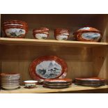 (lot of approx. 31) Chinese enameled porcelain dinner set, featuring landscape panels reserved