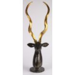 Contemporary stylized African Kudu deer figural bust, executed in steel, having long stylized gilt