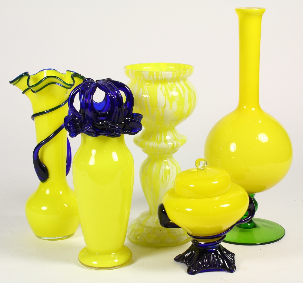 (Lot of 12) Czech art glass group, consisting of vases and a lidded candy dish, each in yellow glass